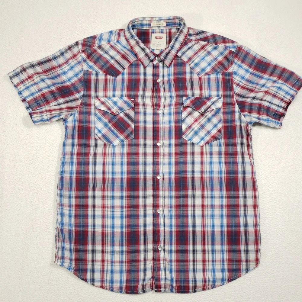 Levi's Pearl Snap Shirt Mens XL Red Blue Plaid Western Short Sleeve Standard Fit